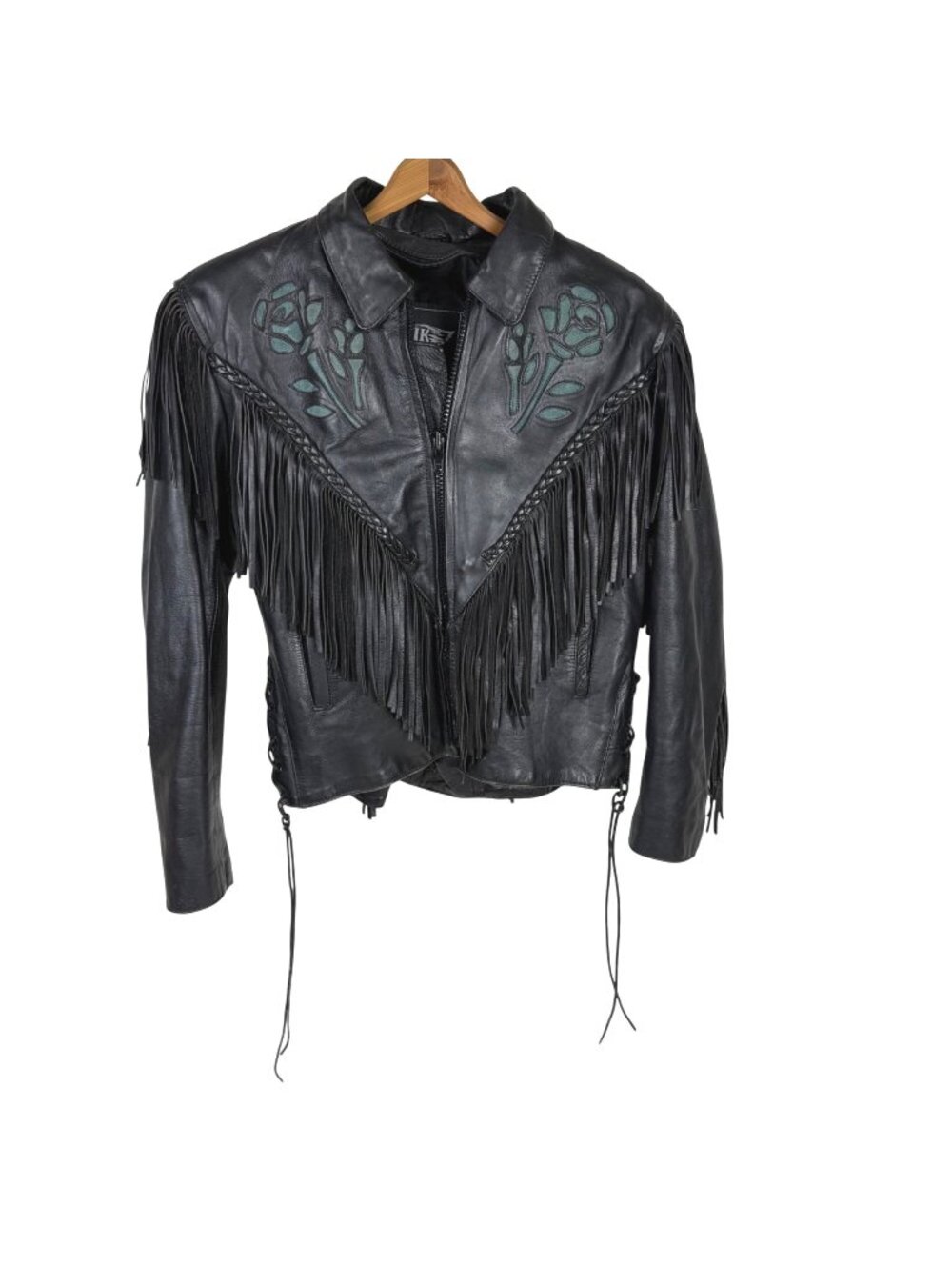 Vintage 1980's UNIK Women's Black Leather Biker Jacket Blue Suede Rose Insets Fr